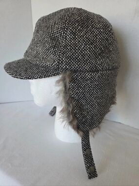 Wool Tweed Trapper Hat with Faux Fur Trim - Black & White